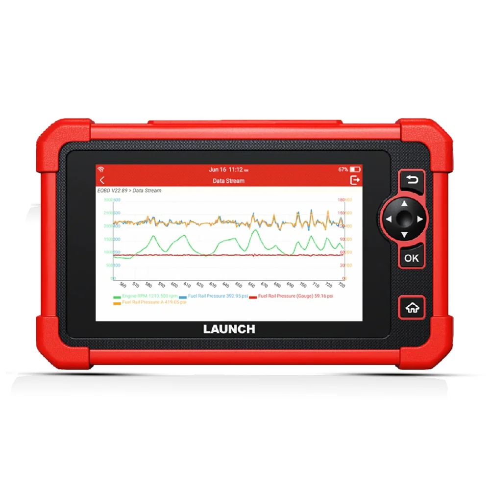 Ecranul CRP919X cu date live grafice: turație motor și presiune pe rampa de combustibil