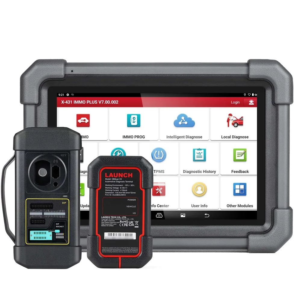 Tableta Launch X431 IMMO Plus cu meniul IMMO PROG deschis, lângă X-PROG3 și conectorul DBSCar VII