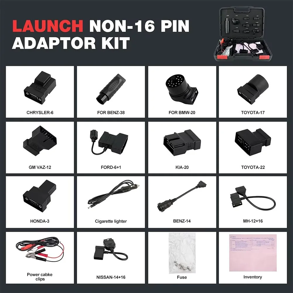 Grilă cu fiecare adaptor din trusă etichetat pe marcă: Chrysler, Mercedes-Benz, BMW, Toyota, Kia, Honda, Nissan și restul