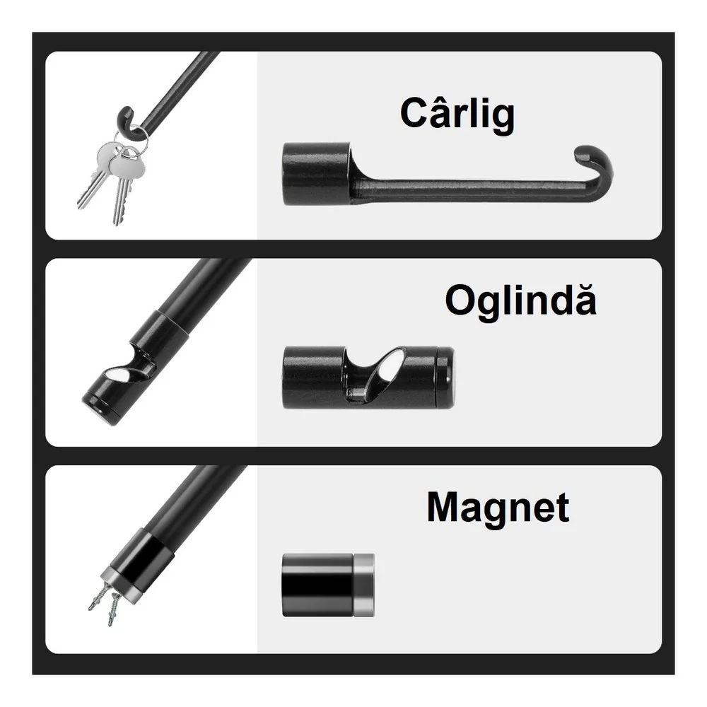Cele trei capete care se prind pe camera videoscopului: cârlig, oglindă și magnet, fiecare cu numele lui