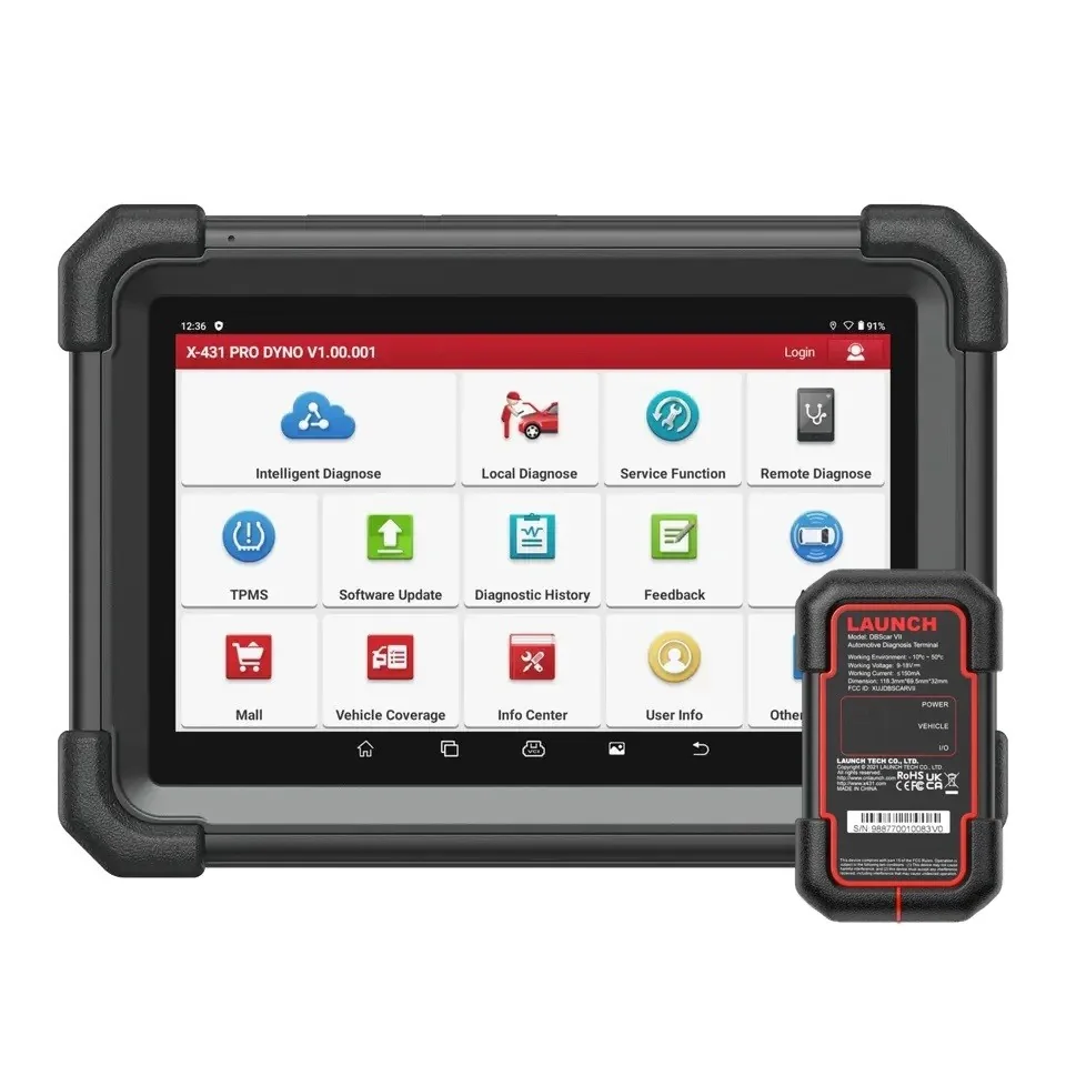 Tabletă gri-închis cu ramă groasă de protecție, cu meniul principal în cincisprezece pictograme, alături de conectorul roșu DBScar VII
