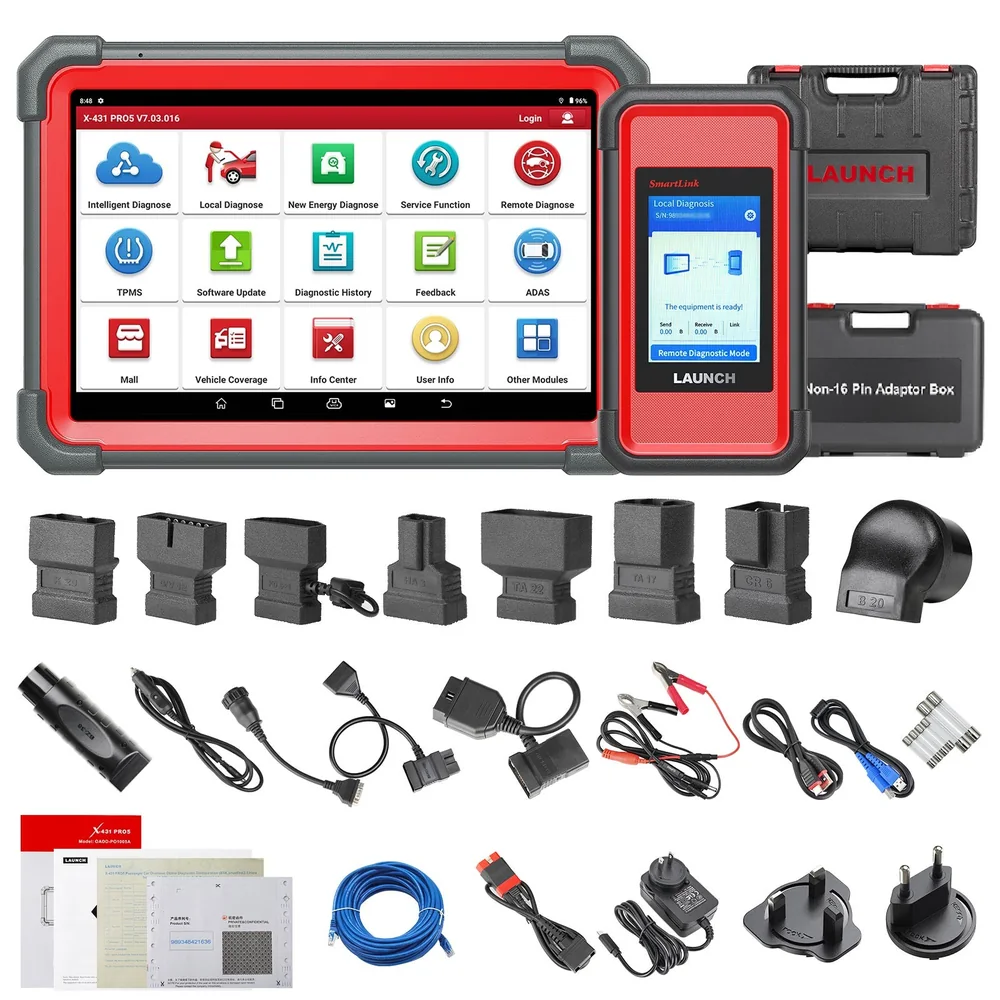 Kitul Launch X431 PRO5 complet: tabletă, interfața SmartLink, cutia cu adaptoare non-16 pini și cablurile incluse