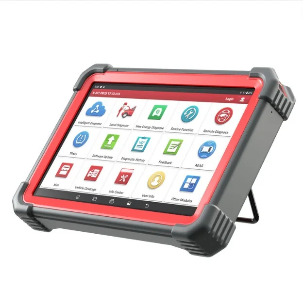Tableta Launch X431 PRO5 cu suportul deschis, arătând meniul cu New Energy Diagnose și Remote Diagnose